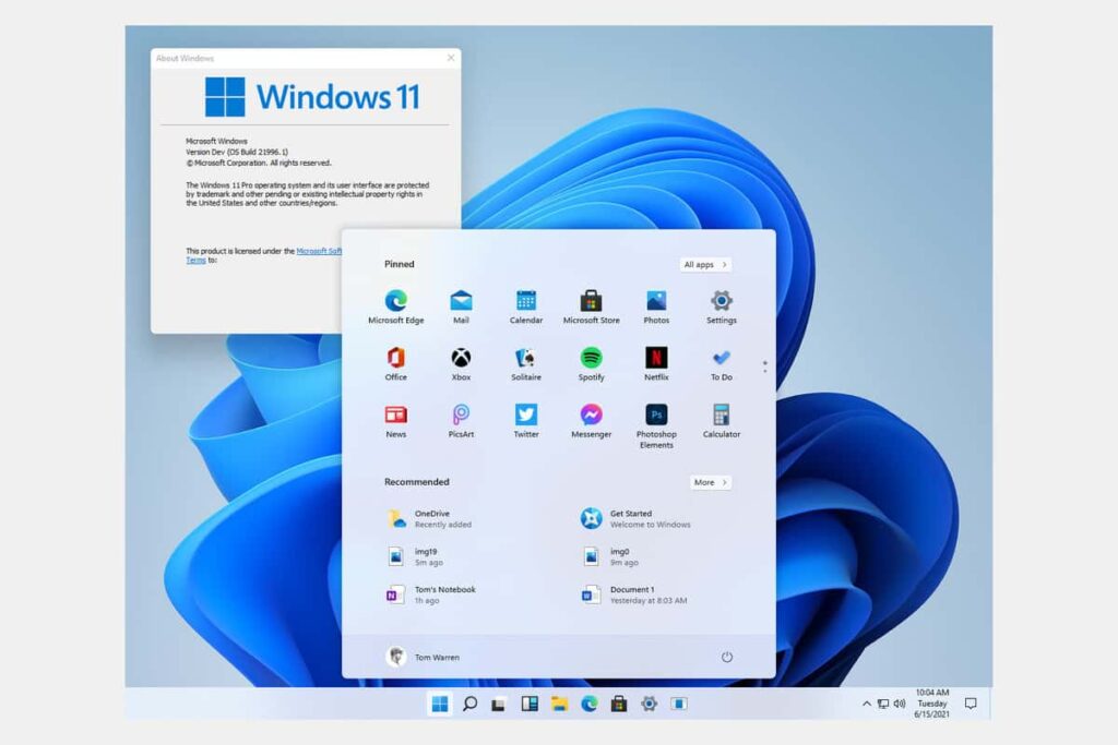 screenshot of Windows 11 start menu and info page

